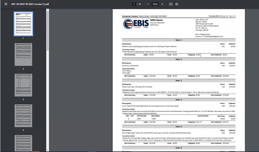 Aviation Maintenance Invoice